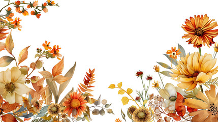 Watercolor floral arrangement with autumn colors isolated on white background featuring a bouquet of orange and yellow flowers and leaves