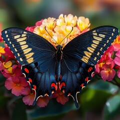 Colorful Butterflies Resting on Vibrant Flower Petals