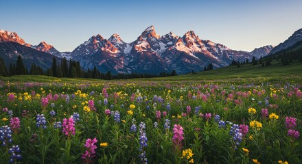 Obraz premium Majestic Mountain Meadow Wildflower Bloom - Serene landscape, vibrant wildflowers, majestic mountains, sunrise, nature's beauty. Symbolizing peace, tranquility, abundance, growth, and freedom