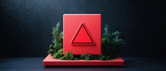 Modern red hazard warning button with triangular icon on display stand surrounded by green plants and dark background