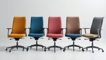 Five Modern Office Chairs In Different Colors Against A Clean White Background	
