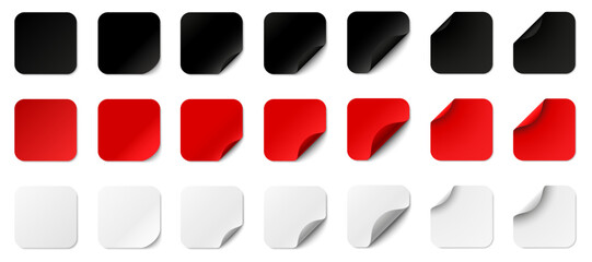 Red white and black paper square stickers with peeling corner and shadow, paper stickers square with rounded edges adhesive, set square paper curved corner, isolated rounded plastic mockup
