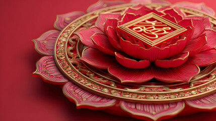 Elegant Red Lotus Flower with Gold Accents on a Red Background for Celebration