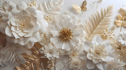Elegant White And Gold Paper Flowers Arrangement With Detailed Texture