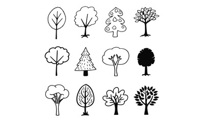 Collection of various tree illustrations in black and white