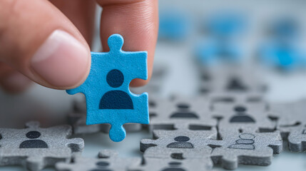 Hand Fitting Blue Puzzle Piece Into Gray Arrangement Representing Teamwork And Human Connection