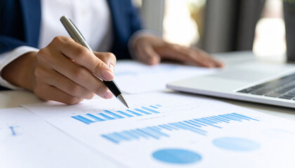 Fototapeta premium Businessperson hand with pen and business analyst graph on paper table, marketing concept