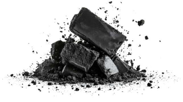 Black chalk pieces and powder flying explosion effect on white background 