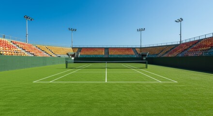 Outdoor Tennis Court Stadium - A pristine green tennis court set within a modern stadium under a clear blue sky. Ready for a match