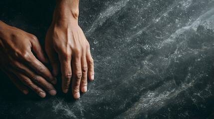 Hands Covered In Granular Substance On Black Background With Scattered Particles