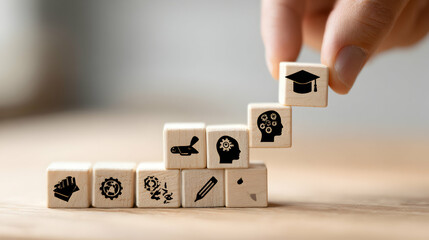 Hand Placing Educational Blocks On Wooden Staircase Representing Knowledge Growth