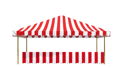 Empty red and white striped canopy market stall for outdoor events and exhibitions isolated on transparent background