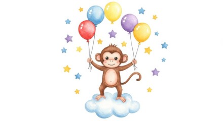 Playful Monkey Balloon Adventure - A cute baby monkey joyfully juggles colorful balloons atop a fluffy cloud, symbolizing joy, dreams, freedom, playfulness, and childhood innocence