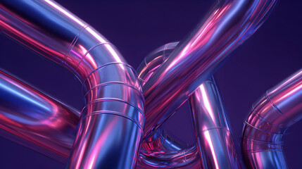 Metallic Pipe Structure with Blue and Pink Hues on a Dark Background