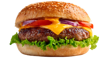 Delicious gourmet cheeseburger with fresh ingredients on a sesame seed bun isolated on a white background for culinary and food related concepts.