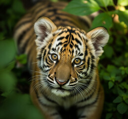 Fototapeta premium Cute Tiger Cub in Lush Jungle - High-Detail Wildlife Photography