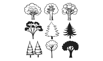 Fototapeta premium Collection of various tree illustrations in black and white