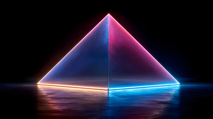 Neon Pyramid Illuminated With Blue Pink And Orange Colors On Wet Surface