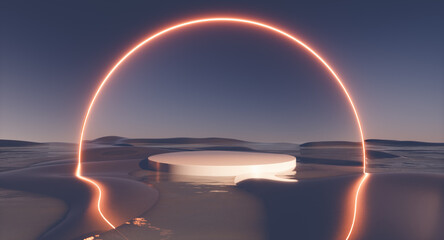 Futuristic 3d landscape background with neon arch frame. Innovation technology concept