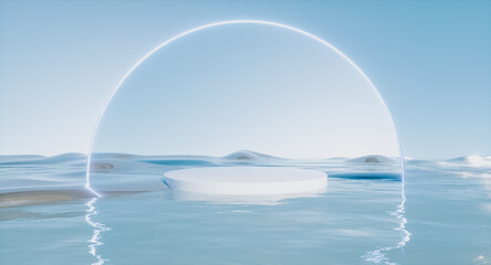 Futuristic 3d landscape background with neon arch frame. Innovation technology concept