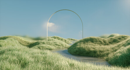 Natural 3d green landscape background with arch frame. Sustainable technology concept