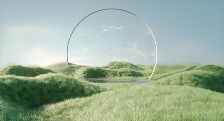 Natural 3d green landscape background with arch frame. Sustainable technology concept