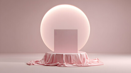Pink Studio Scene Featuring Circular Light and Square Podium with Drape