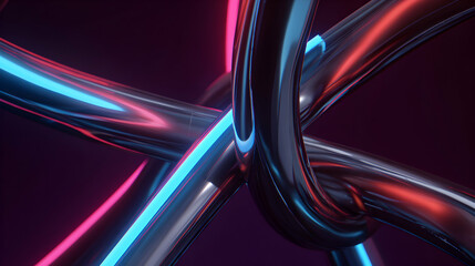 Abstract Composition Of Intersecting Glossy Black Tubes With Neon Lights