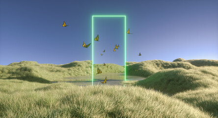 Futuristic 3d landscape background with green neon and butterflies. Sustainable technology concept
