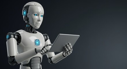 Obraz premium Robot Using Tablet Computer - A futuristic robot uses a tablet computer, showcasing technological advancement and AI integration