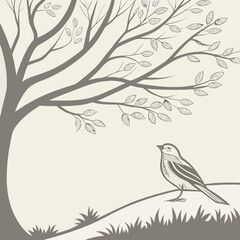 Peaceful Bird and Tree Illustration: Nature Art
