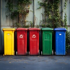 Colorful recycling bins lined up in an urban setting
