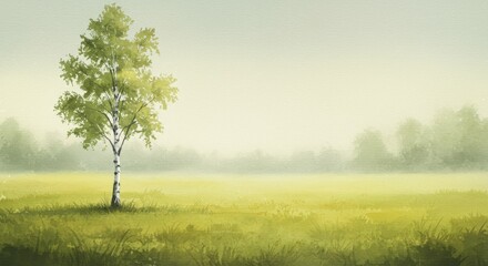 Obraz premium Serene Birch Tree in Misty Meadow - A watercolor painting of a solitary birch tree standing in a tranquil field, symbolizing peace, solitude, resilience, nature's beauty, and hope