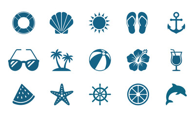 Summer Beach & Ocean Icons Set - Nautical Elements, vector illustration