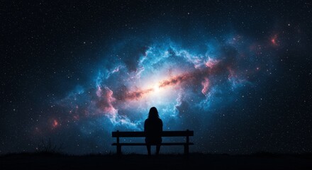 Fototapeta premium Silhouette Contemplation Nebula Bench - A solitary figure sits on a bench, gazing at a vibrant nebula. The symbolizes contemplation, wonder, the vastness of space, introspection, and peace