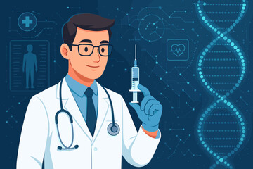 Doctor holding syringe with vaccine. Digital healthcare and medical technology concept. Scientist with futuristic interface showing DNA helix, patient data, and heartbeat for research.