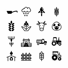 Create a set of diverse, high-quality icons representing various aspects of agriculture and farming, including tools, crops, livestock, and processes.