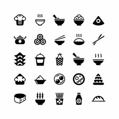 Create a vector icon pack showcasing diverse Asian cuisine noodles, sushi, dumplings, rice, chopsticks, etc.  Icons should be clean, modern, and easily scalable.