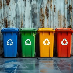 Recycling bins lined up in color order in an urban setting