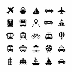 Fototapeta premium Design vibrant, bold color icons representing various modes of transportation cars, trains, planes, ships, bicycles. Include modern, flat design style.