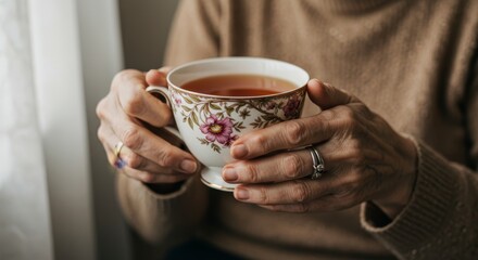 Tranquil Moments: Hands Holding a Teacup - Gentle hands cradle a delicate teacup, symbolizing warmth, comfort, relaxation, peace, and serenity. A moment of quiet contemplation
