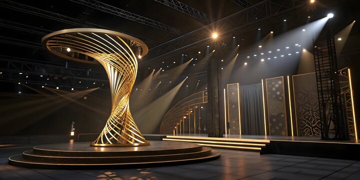 Elegant award ceremony stage design with golden sculpture