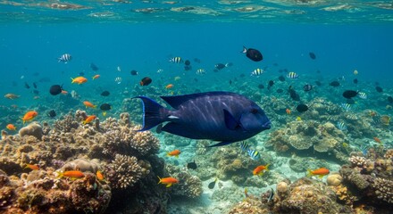 Underwater Paradise: Vibrant Reef and Fish - A mesmerizing underwater scene showcasing a large fish amidst a vibrant coral reef teeming with diverse smaller fish.