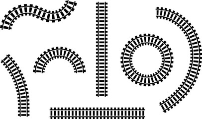 Railway train track vector route. Rail line, subway map, and railroad elements for game UI and graphic design icon set easy to edit. Rail pattern round circular curve railroad path icon