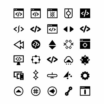 Illustrative icons depicting code snippets and scripting languages, suitable for software development or programming tutorials.