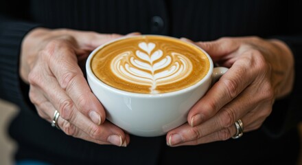 Warm Hands, Latte Art Coffee - Gentle hands cradling a steaming cup of coffee, latte art forming a leaf design, symbolizing warmth, comfort, artistry, and morning ritual. Enjoy the moment
