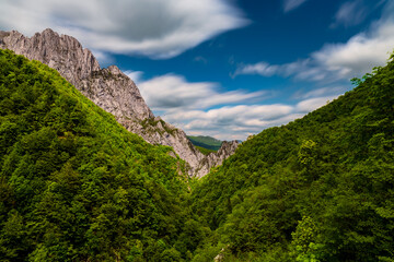 Sutjeska National Park in Bosnia and Herzegovina. Mountains and forest in summer. A valley in the mountains near the villages of Tjentište and Kruševo.