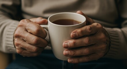 Warmth and Comfort in a Simple Mug - Hands gently cradling a warm mug, symbolizing comfort, peace, relaxation, warmth, and contentment. A peaceful moment of tranquility