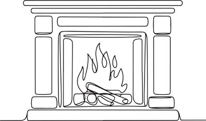 continuous line drawing of a traditional fireplace with dancing flame and firewood in a modern black and white silhouette style

