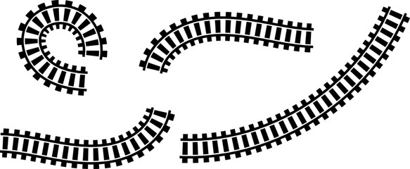Railway train track vector route. Rail line, subway map, and railroad elements for game UI and graphic design icon set easy to edit. Rail pattern round circular curve railroad path icon